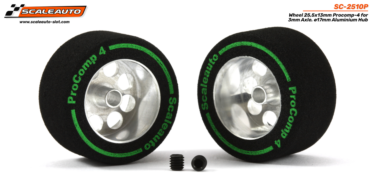 Scaleauto SC-2510P - ProComp4 Sponge Tires 25.5 x 13mm + Aluminum Wheels 17mm OD - for 3mm axles